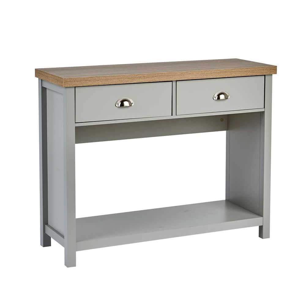 Home Source 2 Drawer Console Side Table Compact Sideboard Storage, Grey, Oak Effect