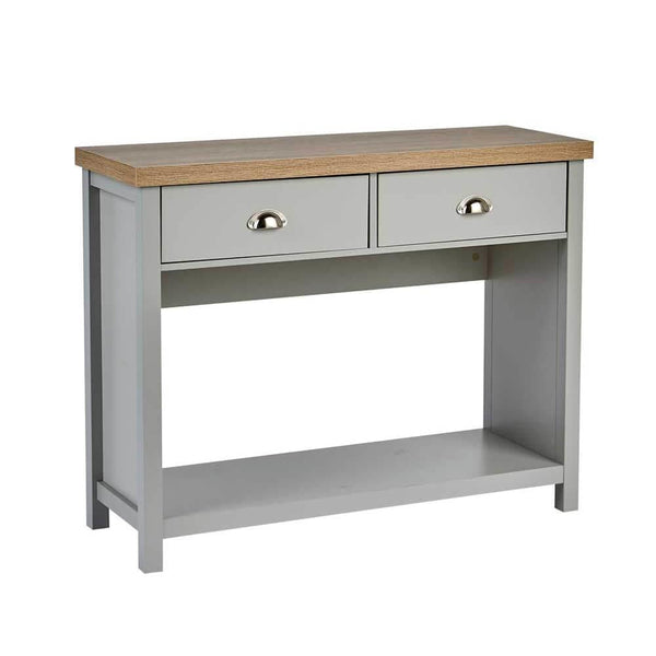 Home Source 2 Drawer Console Side Table Compact Sideboard Storage, Grey, Oak Effect