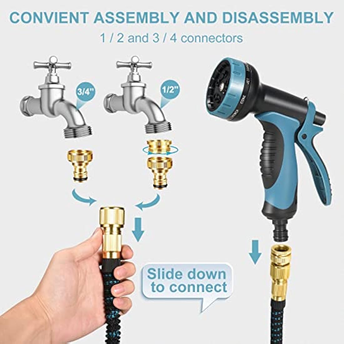 Expandable Garden Hose 100FT, Flexible Garden Hose Pipe with 10 Function Spray Gun, 3 Times Expanding Watering Hose Pipe with 3/4" 1/2" Brass Fitting Quick Connector for Garden Watering Cleaning