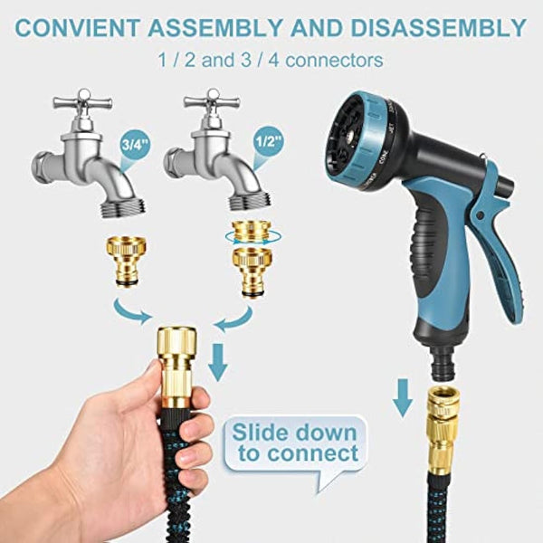 Expandable Garden Hose 100FT, Flexible Garden Hose Pipe with 10 Function Spray Gun, 3 Times Expanding Watering Hose Pipe with 3/4" 1/2" Brass Fitting Quick Connector for Garden Watering Cleaning