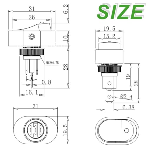 DAOKAI LED Lighted Rocker Switch 12V 30A SPST 3 Pin ON Off Toggle Switch Illuminated Red Lighted Oval Shaped Switch for Automotive Truck RV Boats - 5pcs
