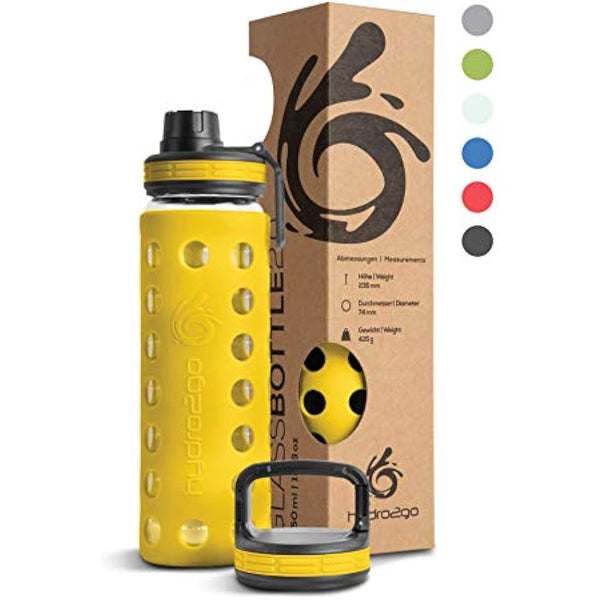hydro2go Glass Water Bottle with Silicone Sleeve – Dishwasher Safe, 2 Interchangeable Lids, 100% Leak-proof & BPA-free – Ideal for Children, Office, Sports & Outdoor (Blazing Yellow 2.0) – 550 ml