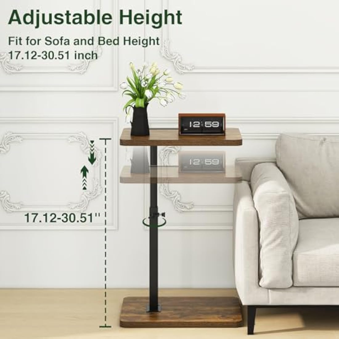 IBUYKE C Shaped Side Table, 360° Swivel Height Adjustable End Table for Small Spaces, with Phone & Tablet Slot, Modern Small Coffee Snack Table for Sofa/Bed, Retro Brown TVT003H