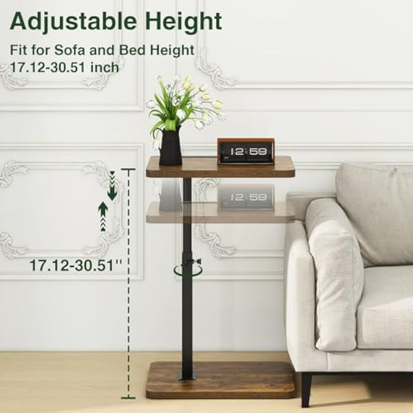 IBUYKE C Shaped Side Table, 360° Swivel Height Adjustable End Table for Small Spaces, with Phone & Tablet Slot, Modern Small Coffee Snack Table for Sofa/Bed, Retro Brown TVT003H