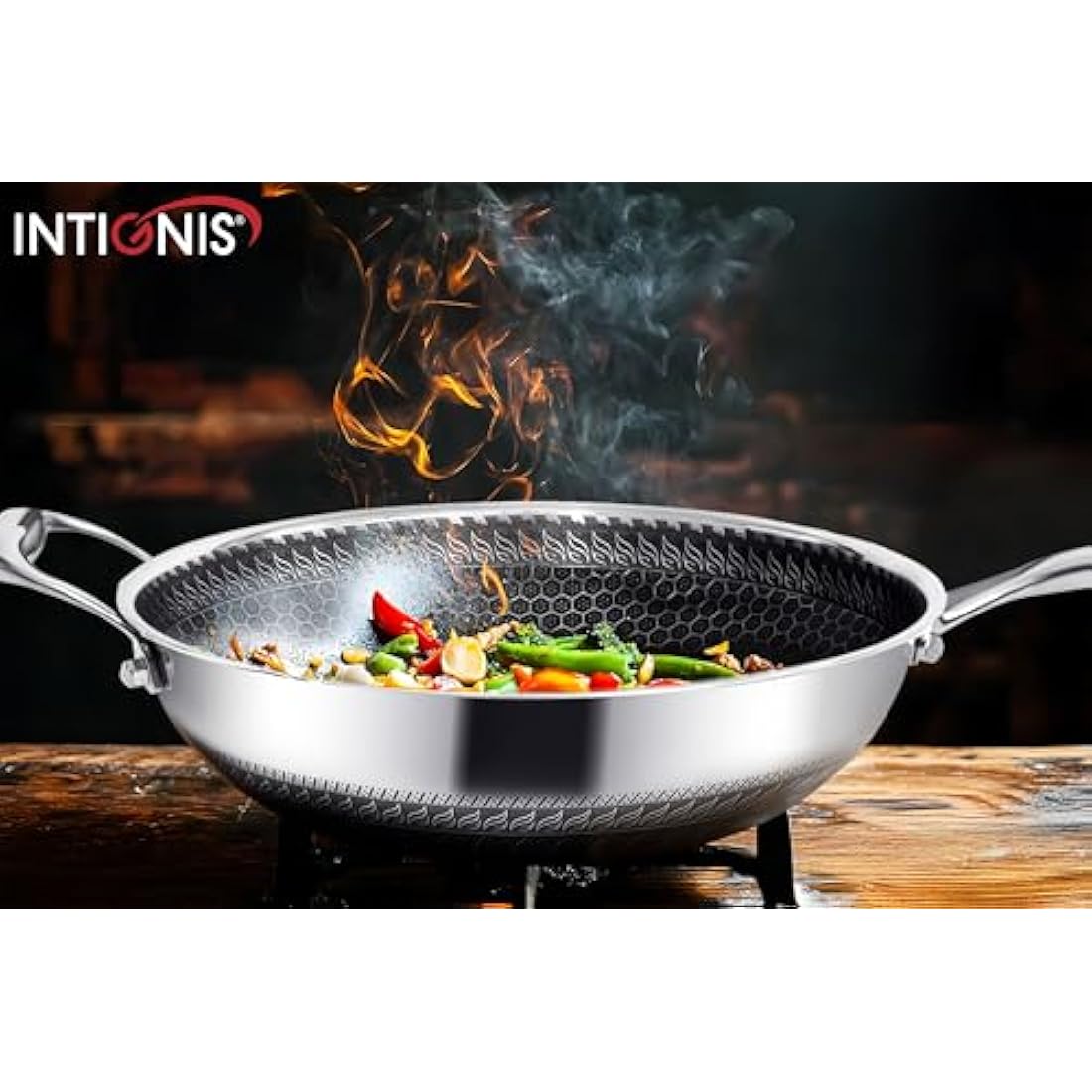 INTIGNIS® 28cm Stainless Steel Wok with Lid | 5L Heavy-Duty Non-Stick Wok Pan | Induction, Oven Safe | Dishwasher Safe | Anti Scratch | Large Frying Pan with Lid for All Hobs