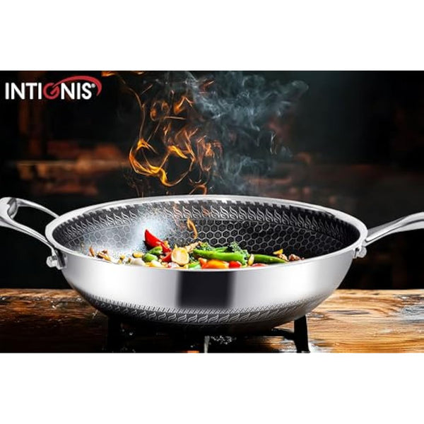 INTIGNIS® 28cm Stainless Steel Wok with Lid | 5L Heavy-Duty Non-Stick Wok Pan | Induction, Oven Safe | Dishwasher Safe | Anti Scratch | Large Frying Pan with Lid for All Hobs