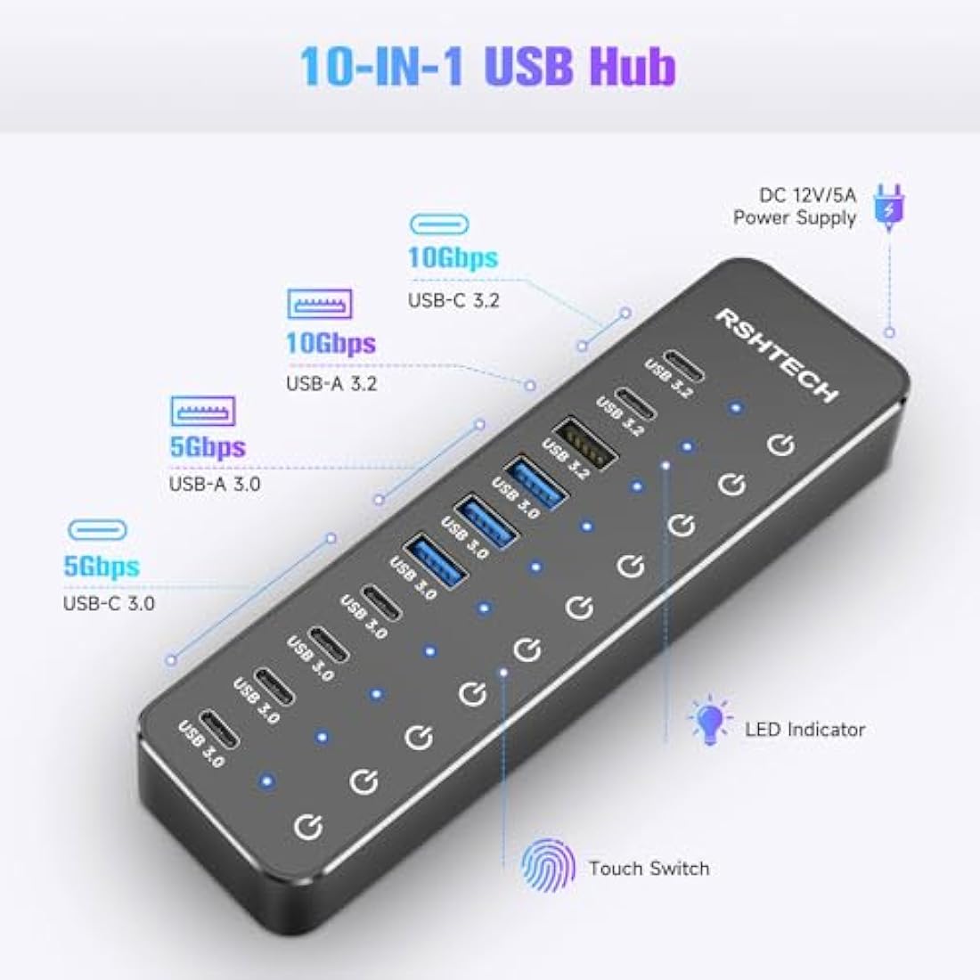 RSHTECH Powered USB C/3.2 Hub 60W, 10 Port USB HUB with 3x 10Gbps USB 3.2 Ports (2C+1A), 7x 5Gbps USB 3.0 Ports (4C+3A), 3.3ft USB-C/A Cable and 12V/5A Power Adapter
