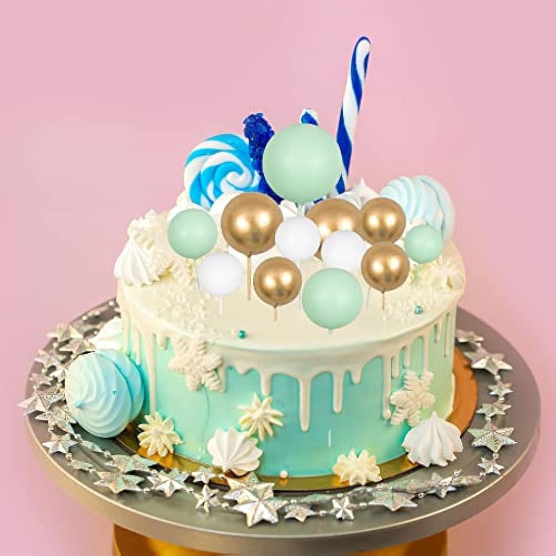 Gyufise 30Pcs Balls Cake Topper Mini Balloons Cupcake Topper DIY Cake Insert Topper Foam Cake Balls Baking Decoration for Wedding Anniversary Valentines Day Birthday Party Green Gold White