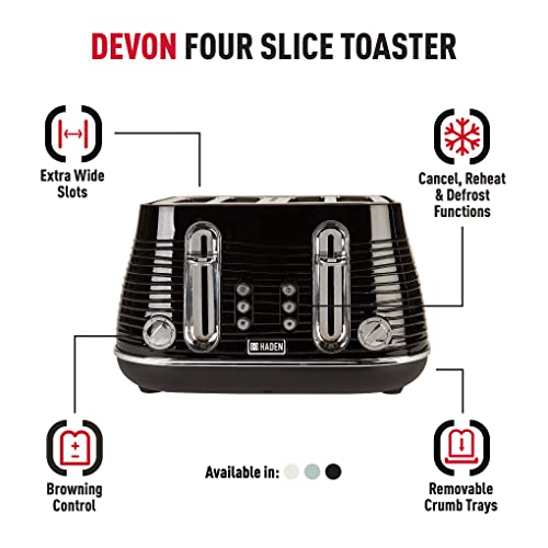 Haden Devon Black Toaster 4 Slice - Dual Control Browning Settings - 4 Slice Toaster with Wide Slots - Black Toaster with Defrost, Reheat And Cancel