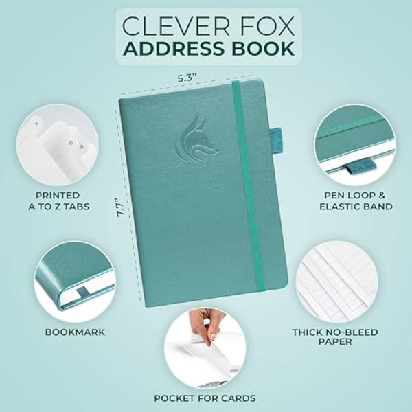 Clever Fox Address Book with alphabetic tabs - PU Leather Telephone and Address Book for Keeping Contacts Safe, Contact Organizer Journal, Medium Size (13.5 x 19cm) Hardcover, Aquamarine