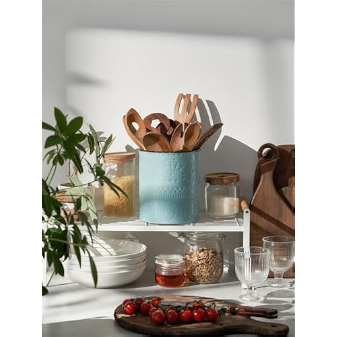 DOWAN Utensil Holder, 7.2 x 6.2 inches Large Kitchen Utensil Holder for Countertop, Ceramic Cutlery Holder, Romantic Relievo Crock, Utensil Caddy, Utensil Organizer, Ice Bucket, Vase, Home Décor-Blue