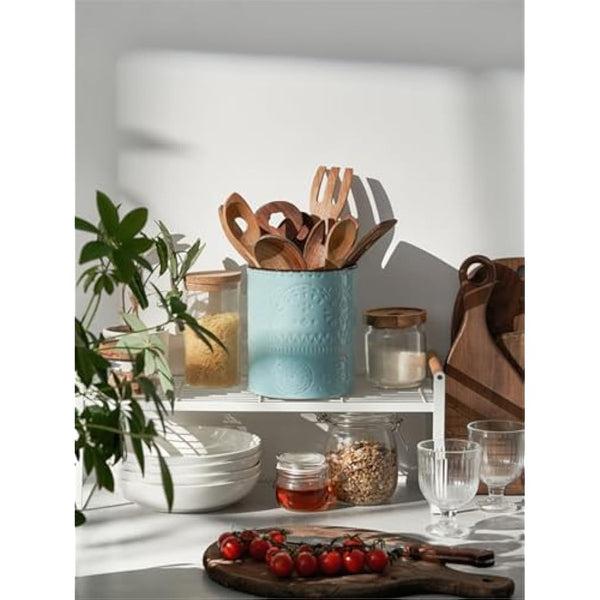 DOWAN Utensil Holder, 7.2 x 6.2 inches Large Kitchen Utensil Holder for Countertop, Ceramic Cutlery Holder, Romantic Relievo Crock, Utensil Caddy, Utensil Organizer, Ice Bucket, Vase, Home Décor-Blue