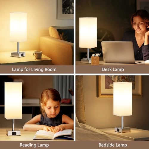 Aooshine Touch Control Bedside Lamps Set of 2, 3-Way Dimmable Table Lamp with USB-C+A Charging Ports, Bed Side Lamps for Bedroom with White Fabric Shade(Bulbs Included)