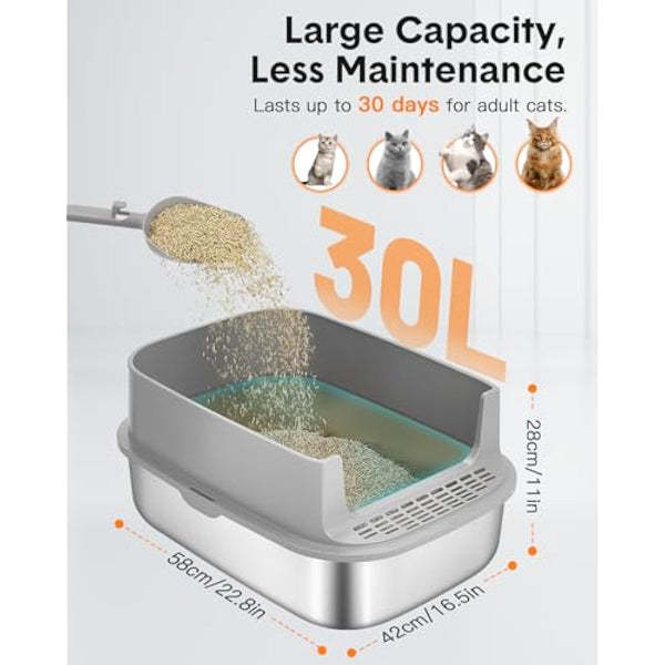 Papettly High Sided Stainless Steel Litter Box with Lid, Extra Large Cat Litter Trays Hooded Cat Litter Box, Enclosed Litter Box for Big Cats with Cat Litter Mat, Scoop, Brush, Easy Clean, Detachable