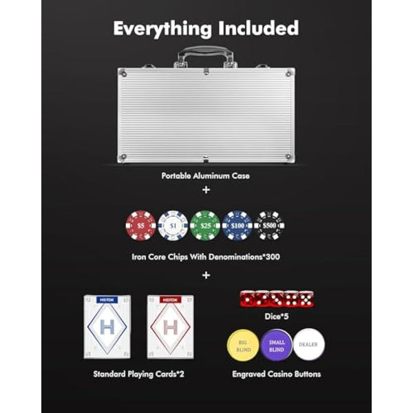 HEITOK Poker Set for Texas Hold'em with 300-Piece 11.5g Denominations Poker Chips, 5 Dice & 2 Decks in Portable Aluminum Case – Professional Blackjack Games (Age 8+)