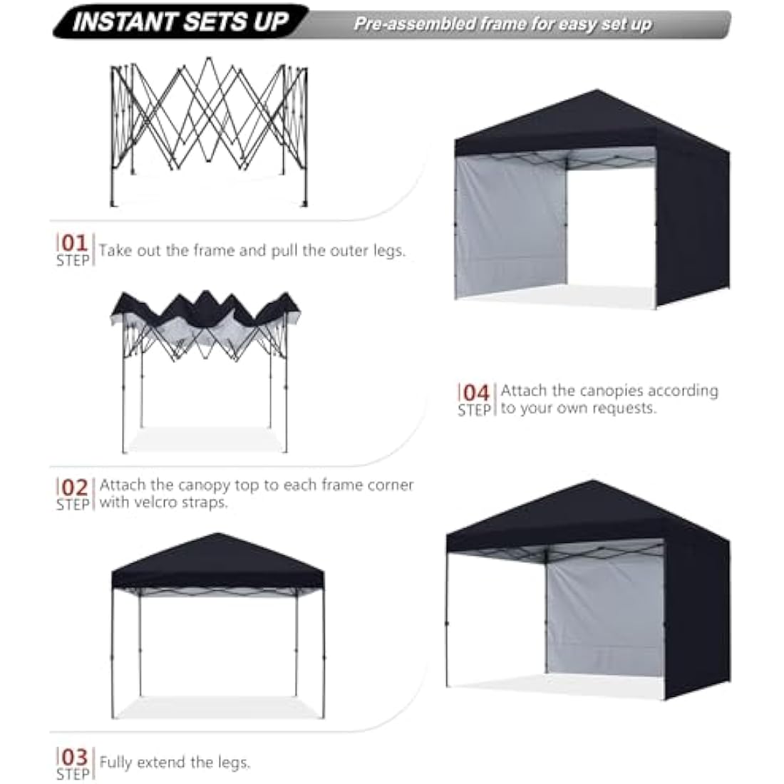 ABCCANOPY 2.5x2.5M Pop up Gazebo With Two Side Panels Upgraded Roller Bag, 4 Weight Bags, Stakes and Ropes (Black)