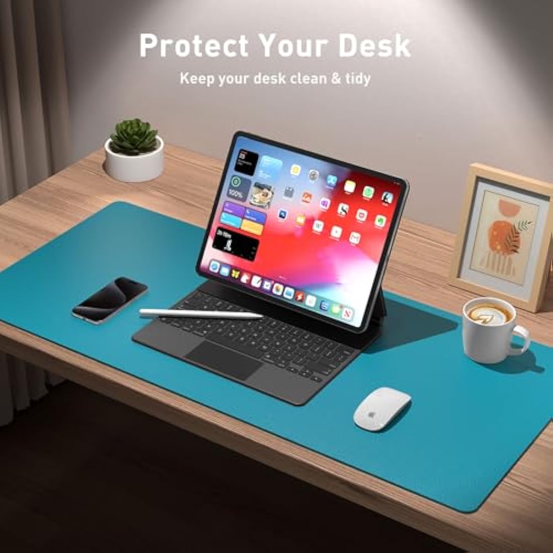 Aothia Leather Pad, Mouse Mat, Office Desk Mat, Non-Slip PU Leather Desk, Laptop Desk Pad, Waterproof Desk Writing Pad for Office and Home (60 cm x 35 cm, Turquoise Blue)