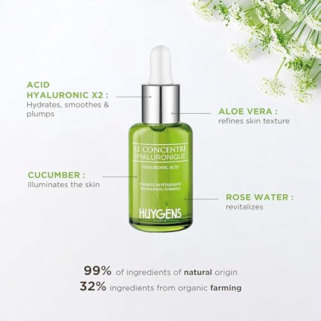 HUYGENS - Hyaluronic Acid Concentrate - Certified Organic - 30mL -Revitalizes, Hydrates - 99% Natural - Vegan - Made in France