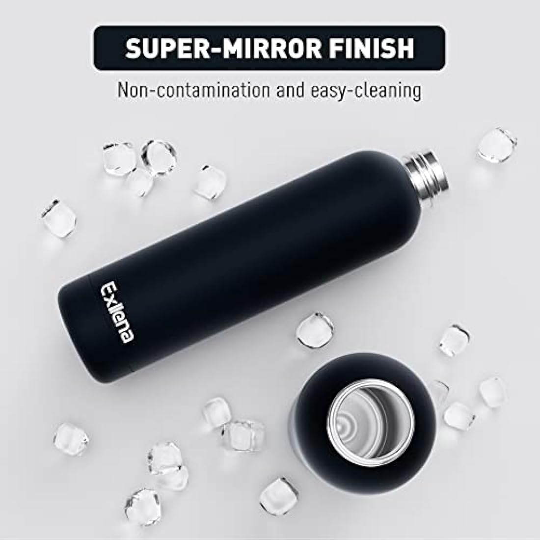 Exllena Insulated Black Water Bottles 1l with Clip, Double Wall Vacuum Drinks Bottle Keeps Drinks Cold 24 Hrs/Hot 12 Hrs, Stainless Steel Water Bottle BPA Free