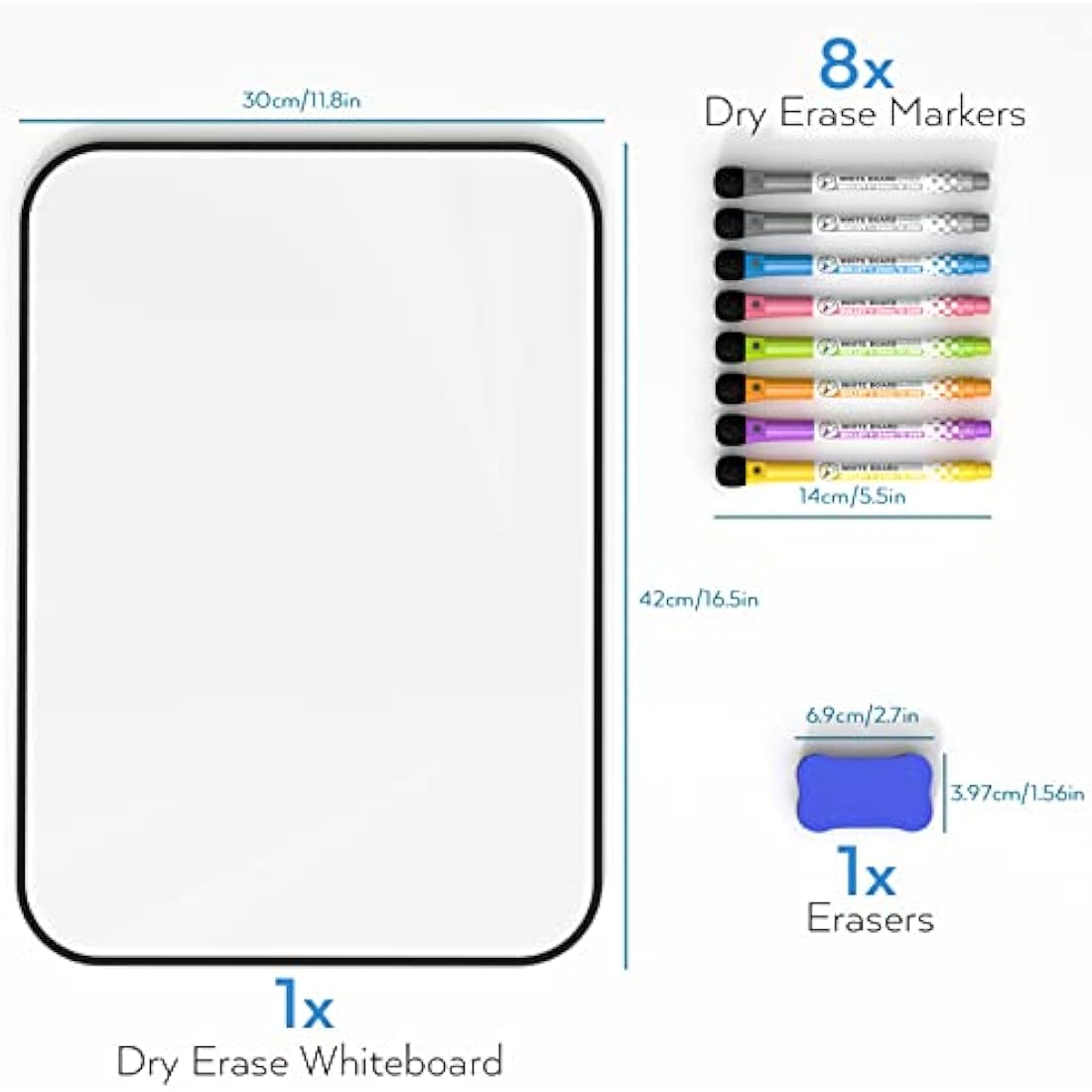 Nicpro Dry Erase Whiteboard A3, Magnetic Double Sided 30 x 42 cm White Board with Black Border, Including 8 Water-Based Pens and 1 Eraser for Kid Writing & Drawing, Student School, Classroom, Home Use
