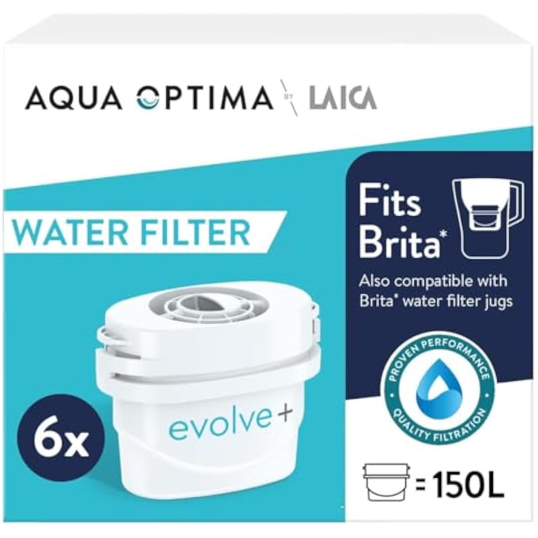 Aqua Optima Evolve+ Water Filter Cartridges 6 Pack - Fits Brita Jugs & Alternative for Maxtra Filters* - Reduces Limescale, Chlorine and Other Impurities - by LAICA (Packaging May Vary)