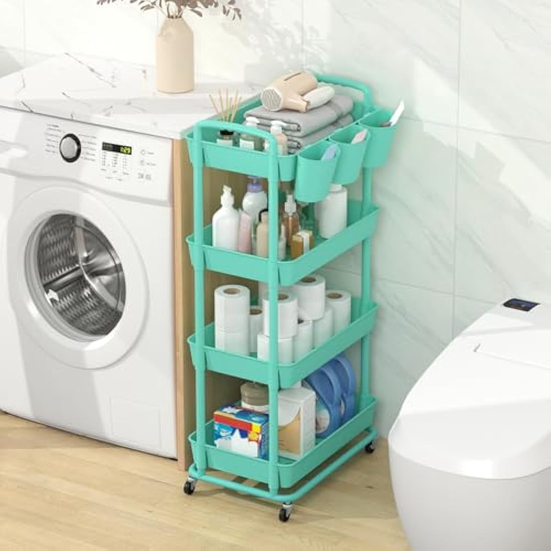 JIUYOTREE 4-Tier Plastic Rolling Storage Cart Utility Cart with Extra Hanging Cups Handles Lockable Wheels for Living Room Bathroom Kitchen Office Green
