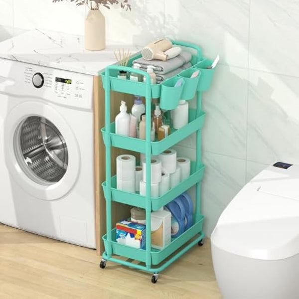 JIUYOTREE 4-Tier Plastic Rolling Storage Cart Utility Cart with Extra Hanging Cups Handles Lockable Wheels for Living Room Bathroom Kitchen Office Green