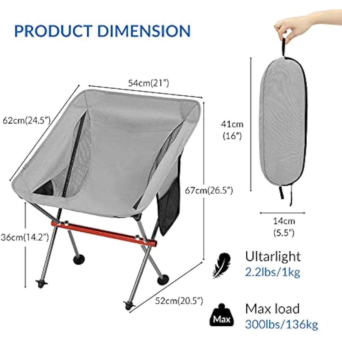 SHALLWE Ultralight Portable Camping Chair,Aviation Aluminum Frame Compact Folding Chairs,300lbs Capacity with Wide Feet and Storage Bag,Suitable for Camping,BBQ,Hiking,Beach,Lawn(Gray)