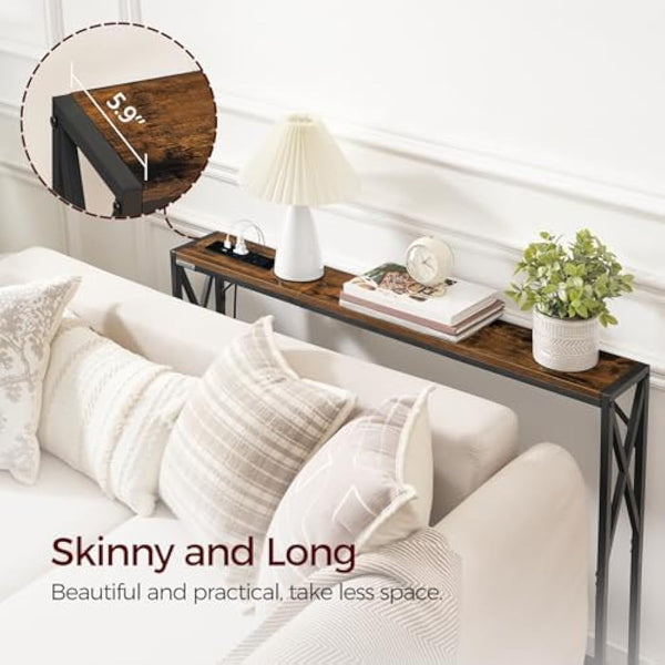 MAHANCRIS Console Table with Charging Station, 100 CM Narrow Sofa Table, Long Entryway Table, Hallway Table with USB Ports, Behind Couch Table with Power Outlets, Rustic Brown ACTHR151KE01N1