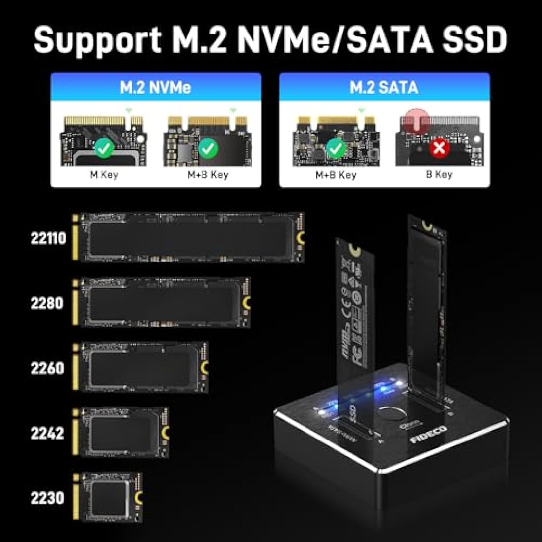 FIDECO M.2 NVMe SATA SSD Cloner Dock, USB 3.2 Gen 2, 20Gbps Dual NVMe SATA SSD Dock, NVMe SSD Cloner, Support Offline Clone, UASP and TRIM, Aluminum Design