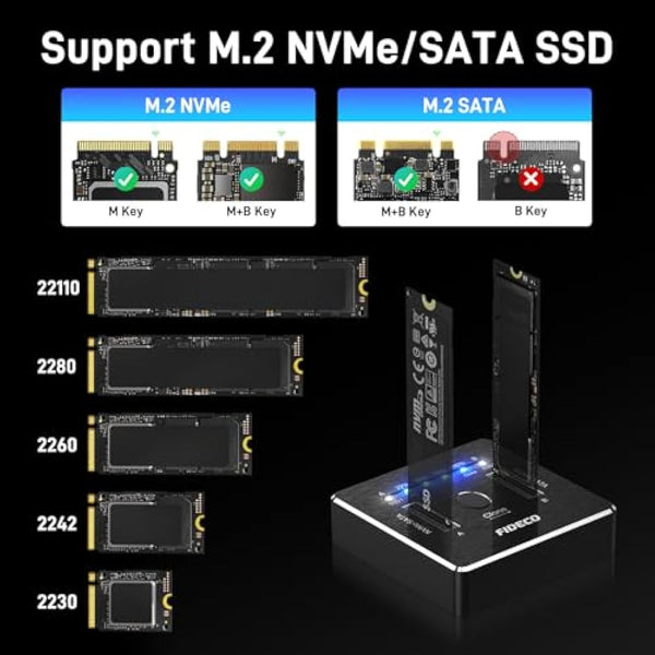 FIDECO M.2 NVMe SATA SSD Cloner Dock, USB 3.2 Gen 2, 20Gbps Dual NVMe SATA SSD Dock, NVMe SSD Cloner, Support Offline Clone, UASP and TRIM, Aluminum Design