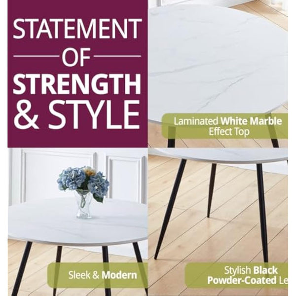 Hallowood Furniture Cullompton Large Marble Effect Top White Dining Table with Black Metal Legs, 4-6 Seater Round Table for Dining Rooms, Kitchens, or Cafés