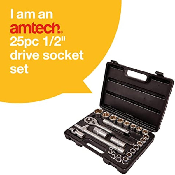 Amtech - Ratchet Driver Socket Set, DIY at Home, Easy to Use, Ideal for Heavy Jobs with Larger Nuts, Strong Chrome Vanadium Steel, Includes Convenient Storage Box (25 ½” Piece)