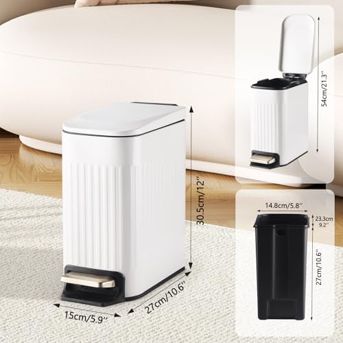 ELPHECO Slim Bathroom Trash Can Foot-Operated Stainless Steel Garbage Can with Soft Close Lid Step Trash Bin with Removable Inner Bucket for Bedroom, Office, Kitchen (White, 1.8 Gallons)