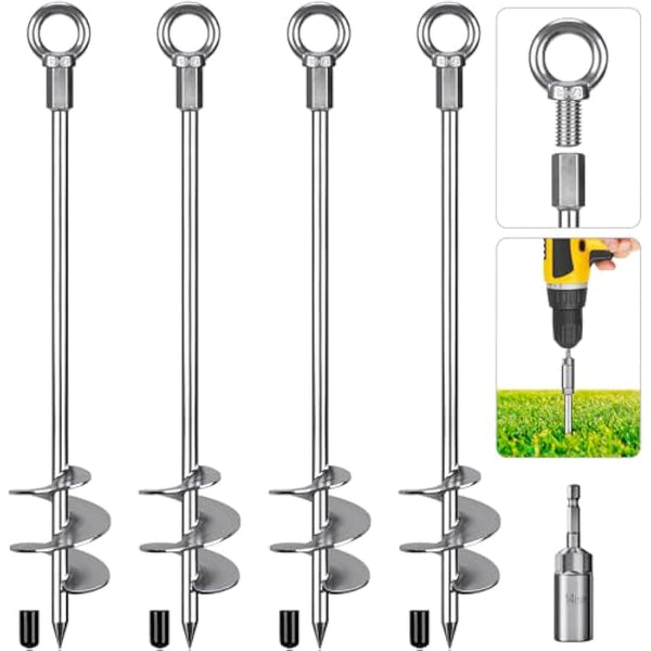 Dolibest Tent Peg Heavy Duty, 76cm Ground Anchor Screw Trampoline Stake Metal Earth Sand Spiral Wind Storm Spike for Swing/Camping/Shed/Dog/Carport/Canopy with Fixed Eyelet, 4 Pack