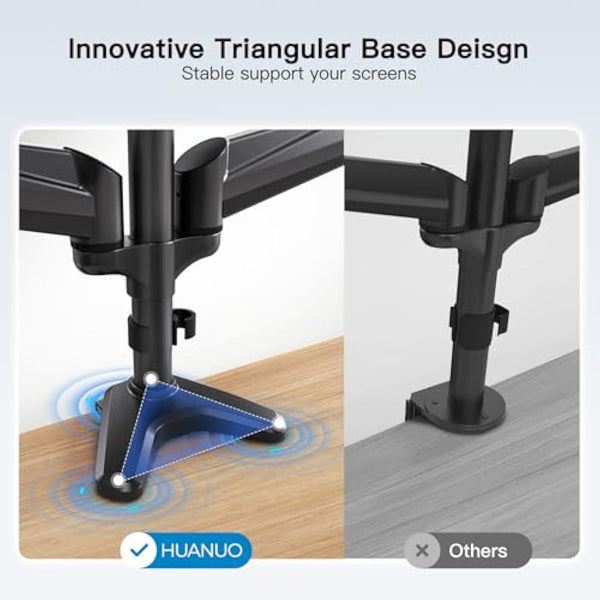 HUANUO Triple Monitor Stand Desk Mount for 17-32 Inch Screens, Adjustable Arms With Tilt, Swivel, 2 Mounting Bases, Each Arm Holds up to 8KG, VESA 75x75 100x100