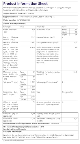 Hisense 3 Series WFQA9014EVJM Freestanding 9 KG Front Load Washing Durable Inverter Machine Steam Wash Quick Wash 15 Washing Programs 1400 RPM White- Energy Rating A