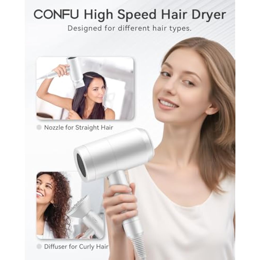 CONFU 1800W Hair Dryer, Ionic Hair Blow Dryer, Lightweight Hair Dryers with Cool Shot Button & Diffuser & Concentrator for Travel Salon Home Use (White)