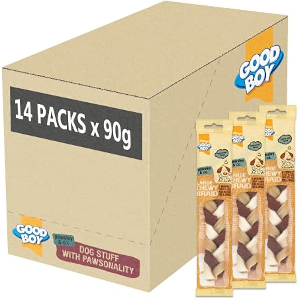 Good Boy - Large Chewy Braids - Dog Chews - Made With Beef Hide and Beef Flavouring - 90 Grams ℮ - With Probiotics To Aid Digestion - Case of 14