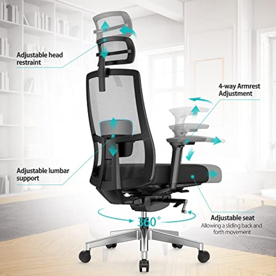 Duwinson Ergonomic Home Office Chair With 4-Way Adjustment Armrest, Mesh Computer Desk Chair, Reclining Adjustment Back Support, Adjustable Headrest, Padded Lumbar Support (Black-PI)