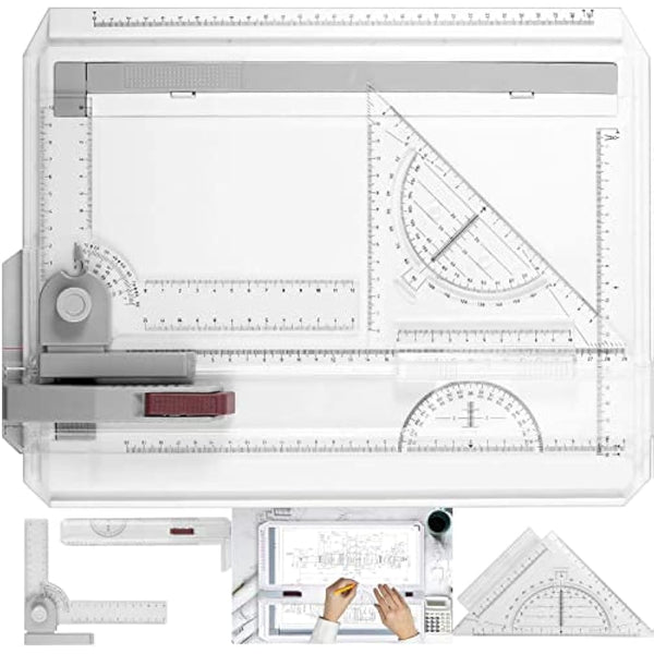 eSynic A4 Drawing Board Set A4 Multifunction Drafting Table Adjustable Measuring System Angle Parallel Motion Drawing Board with Protractor, Paper Locator, Sliding Ruler, Anti Slip Support Leg