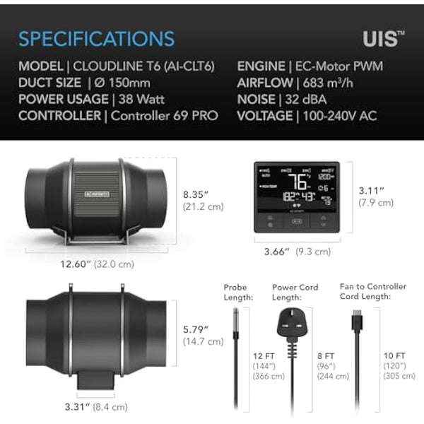 AC Infinity CLOUDLINE PRO T6, Quiet 150mm Inline Duct Fan with Temperature Humidity VPD Controller WiFi Integrated App Control Ventilation Exhaust Fan for Heating Cooling Grow Tents Hydroponics 6-Inch