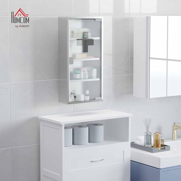 HOMCOM 4 Tier Stainless Steel Wall Mounted Medicine Cabinet Glass Lockable Door Storage Shelves Houseware Bathroom Furniture 60Hx30Wx12D(cm) w/2 Keys