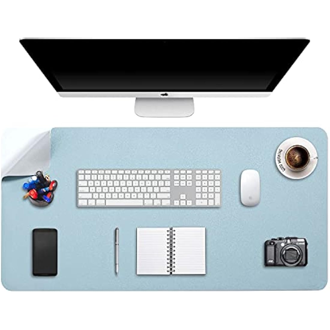 DOBAOJIA Desk Pad XX-Large, Desk Mat, Desk Blotter, Laptop Pad, Extended Mouse Mat, Mouse Pad XXL, Writing Pad for Office/Home, Dual-Side Use PU Leather Waterproof 35.4" X 16.9"(Light Blue/Silver)