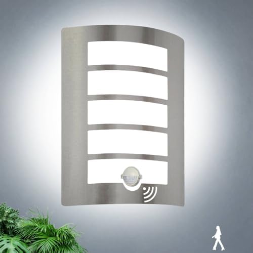 Allesgute Outdoor Wall Lights with PIR Motion Sensor, Curved Outside Lights Mains Powered Stainless Steel IP44 Waterproof Wall Lamp Incl. 1x 12W E27 Bulbs Cool White 6000K