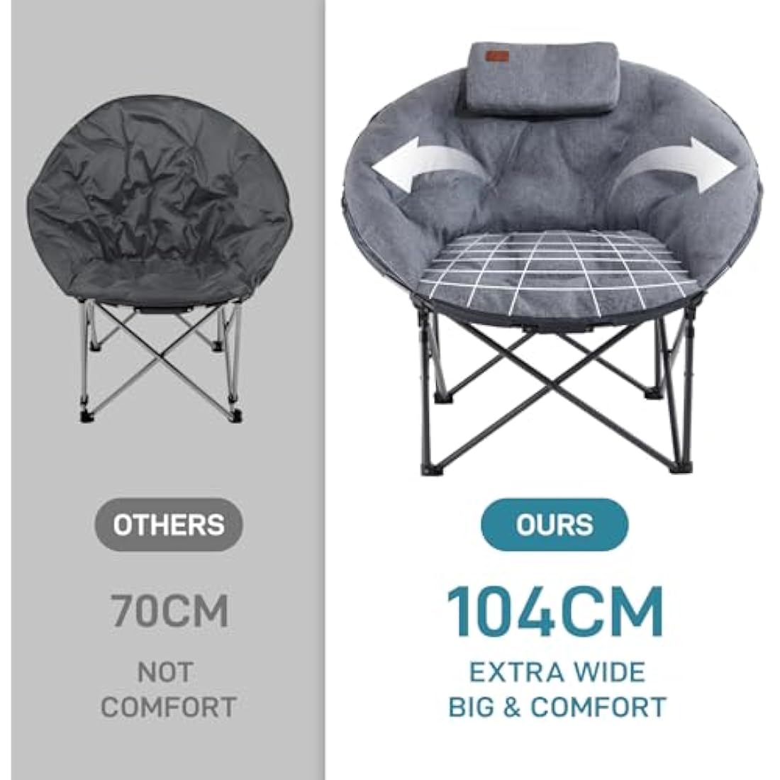 EVER ADVANCED XL Moon Chair for Adults 6cm Padded Garden Saucer Chair, Heavy Duty Camping Foldable Folding Camping with High Back, Super Wide Round Seats for heavy people, supports 150KG Light grey
