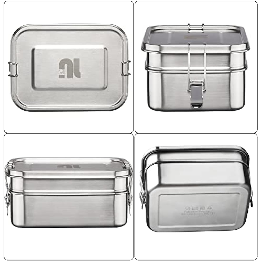 nicelock Stainless Steel Lunch Box Large, 2 Tier (760ml+1200ml) Metal Bento Box Leak-Proof Sandwich Salad Food Storage Container with Adjustable Compartment, Folding Cutlery Set for Adult Women Men