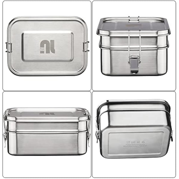nicelock Stainless Steel Lunch Box Large, 2 Tier (760ml+1200ml) Metal Bento Box Leak-Proof Sandwich Salad Food Storage Container with Adjustable Compartment, Folding Cutlery Set for Adult Women Men