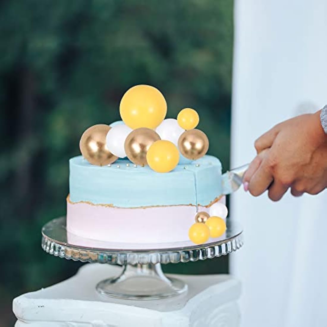 Gyufise 30Pcs Balls Cake Topper Mini Balloons Cupcake Topper DIY Cake Insert Topper Foam Cake Balls Baking Decoration for Wedding Anniversary Valentines Day Birthday Party Yellow Gold White