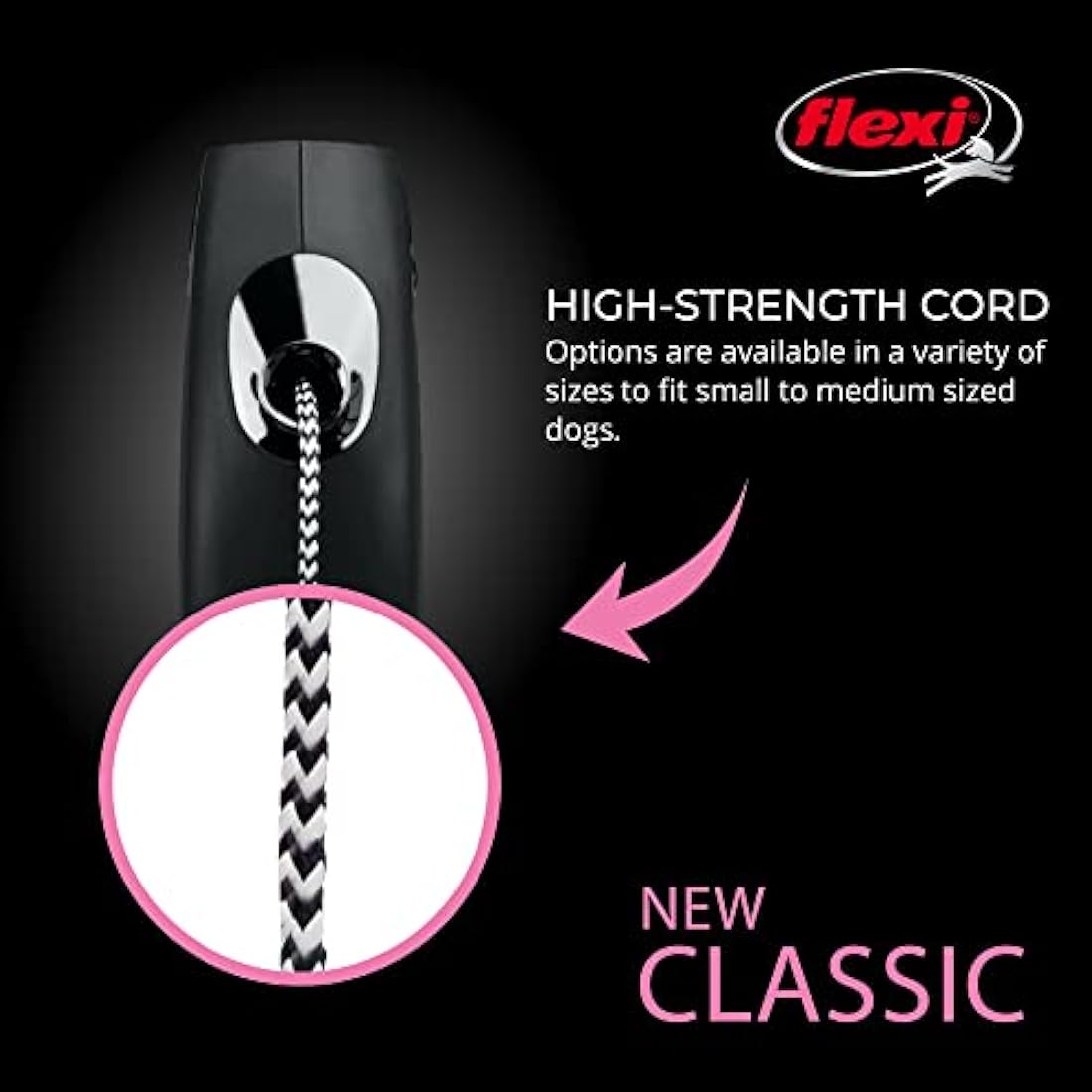 flexi Classic Retractable Dog Leash (Rope), Ergonomic, Durable and Tangle-Free, for Dogs up to 26 lbs, 16 ft, Small, Black